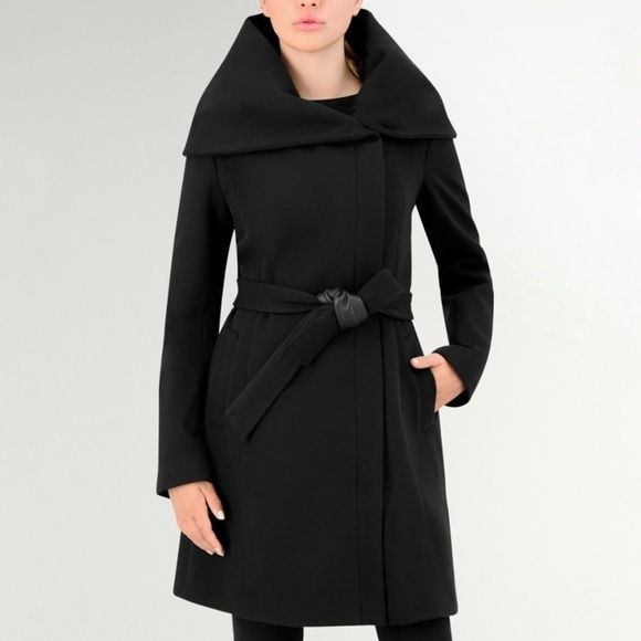 Cole Haan Wool Blend Hooded Coat Oversized Collar Removable Belt Black 6 - Picture 2 of 15